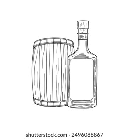 Bottle Next to Barrel, Hand-Drawn Vector, Graphic Style, Cartoon Illustration, Black and White, Sketch Style, Isolated on White Background