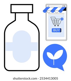 Garrafa ao lado de um dispositivo móvel que exibe uma loja on-line com um ícone de carrinho de compras. Ideal para compras on-line, comércio eletrônico, mercado digital, produtos de saúde, produtos ecológicos. Estilo simples moderno