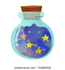 Bottle with night sky and stars. Funny cartoon clip art illustration on isolated background. Watercolour imitation.