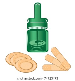 A bottle of nose drops with plasters isolated on a white background