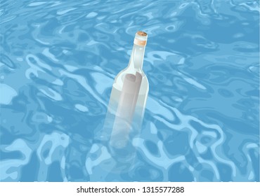 bottle with a note in the blue sea
