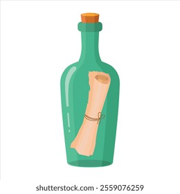 A bottle with a note. A green glass bottle with a stopper and a twisted note inside. Vector illustration.