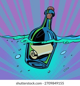 Una botella con una nota en agua. Mensaje en vidrio. Una oferta de negocio para los clientes. Dibujo a mano de Ilustración vectorial retro de arte pop de dibujos animados cómicos