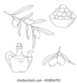 Bottle of oil and the branch of the olive tree.