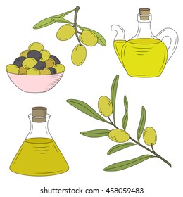 Bottle of oil and the branch of the olive tree.