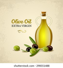 Bottle of oil with green and black olives. Vector illustration isolated on old paper background