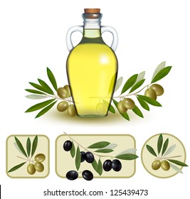 Bottle of oil with green olives and olive oil labels. Vector illustration.