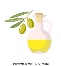 Bottle of oil and olive branch with leaves. Overhead view of olives on green branch. Vegetable for Mediterranean or vegan diet. Flat design isolated on white background