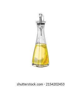 Frasco de aceite para servir con boquilla dozadora, dibujo a mano estilo de dibujo ilustración vectorial aislado sobre fondo blanco. Canola de comida o aceite de violación en botella de vidrio.