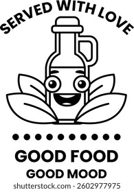 A bottle of oil is smiling and surrounded by leaves