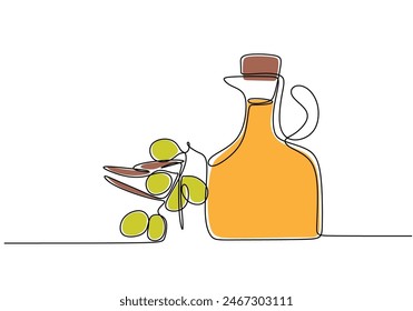 bottle with olive in continuous line art drawing style isolated on white background. Cooking ingredient concept vector illustration.