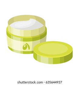 Bottle for olive cream. A bottle of olive cream is opened. In the jar is an olive cream.Olives single icon in cartoon style vector symbol stock illustration web.