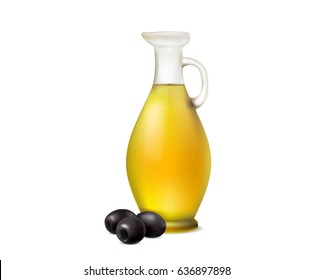 bottle of olive oil with black olives on white background