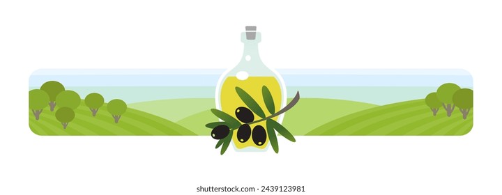 A bottle of olive oil and olive branch against a landscape with agricultural cultivated fields. Vector illustration.