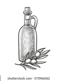 Bottle of olive oil and olive branch. Hand drawn vector illustration. Isolated on white background. Retro style.