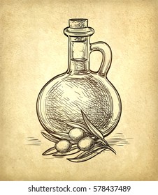 Bottle of olive oil and olive branch. Hand drawn vector illustration. Isolated on white background. Retro style.