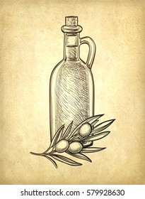 Bottle of olive oil and olive branch. Hand drawn vector illustration. Isolated on white background. Retro style.