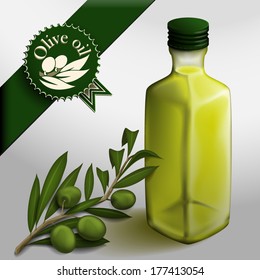 Bottle of olive oil and olive branch. Olive branch label.