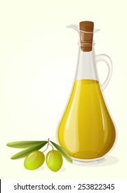 Bottle of olive oil and branch of olives, vector. 