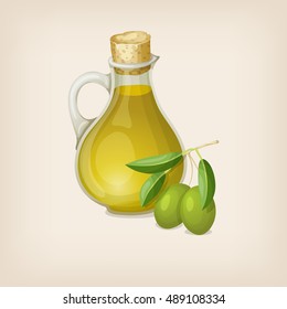 Bottle of olive oil and a branch with olives. Vector illustration.