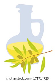Bottle with olive oil and olive branch on white background