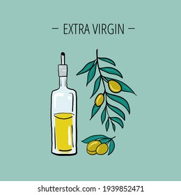 A bottle of olive oil and branch on a green background with an inscription.