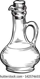 Bottle of olive oil and olive branch. Vector Hand drawn illustration. Glass pitcher vintage engraving isolated on white background. Great for menu, banner, label, logo, flyer