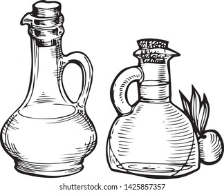 Bottle of olive oil and olive branch. Vector Hand drawn illustration. Glass pitcher vintage engraving isolated on white background. Great for menu, banner, label, logo, flyer