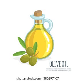 Bottle of olive oil and branch  vector flat.  