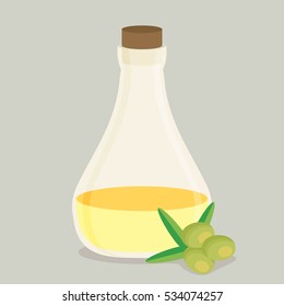 Bottle of olive oil and branch vector flat.