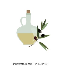 A bottle of olive oil with olive branches