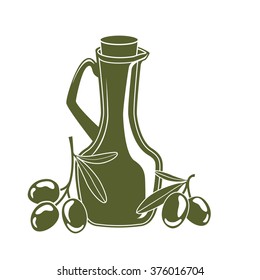 bottle of olive oil and olive branches