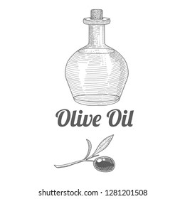 Bottle of olive oil and an olive branches, ink sketch elements.
