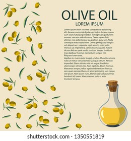A bottle of olive oil and olive branches. Template label, banner with olives for your design. Vector illustration