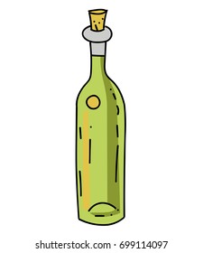 Bottle of olive oil cartoon hand drawn image. Original colorful artwork, comic childish style drawing.