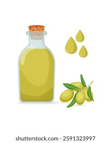 Bottle of olive oil with cork, three drops, and a branch of olives with leaves on a white background.