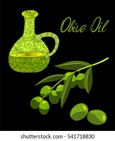 A bottle of olive oil in doodle style. Branch with olives and leaves.