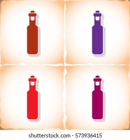 Bottle olive oil. Flat sticker with shadow on old paper. Vector illustration