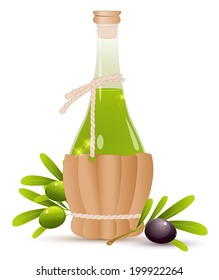 Bottle with olive oil, green and black olives