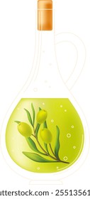A bottle of olive oil with a green leaf on top