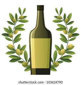 Bottle of olive oil with green olive wreath