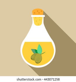 Botella con un icono de aceite de oliva en estilo plano con una sombra larga. Producción de un símbolo de aceite de oliva