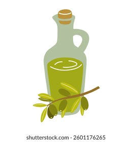 Bottle of olive oil isolated on white background. Olive oil illustration in cartoon style with olive branch.