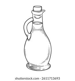 Bottle of olive oil in line art style. Engraving. Vector illustration of olive oil in a container. Hand drawn sketch