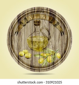 bottle of olive oil, olives and olive branch on wooden background.hand drawn