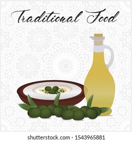 Bottle of Olive Oil with Olives & Labne on Arabesque Background - Illustration Isolated Icon