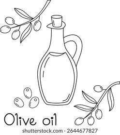 Garrafa de azeite, azeitonas e ramos de oliveira desenhados em estilo doodle. Desenho de contorno em preto-e-branco