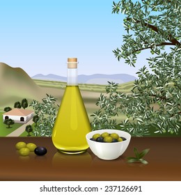 bottle of olive oil on the table on the background of the farm