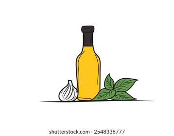 A bottle of olive oil is on a table next to a bunch of parsley. The bottle is yellow and the parsley is green