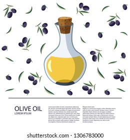 A bottle of olive oil on a white background. Template label with olives for your design. Vector illustration.